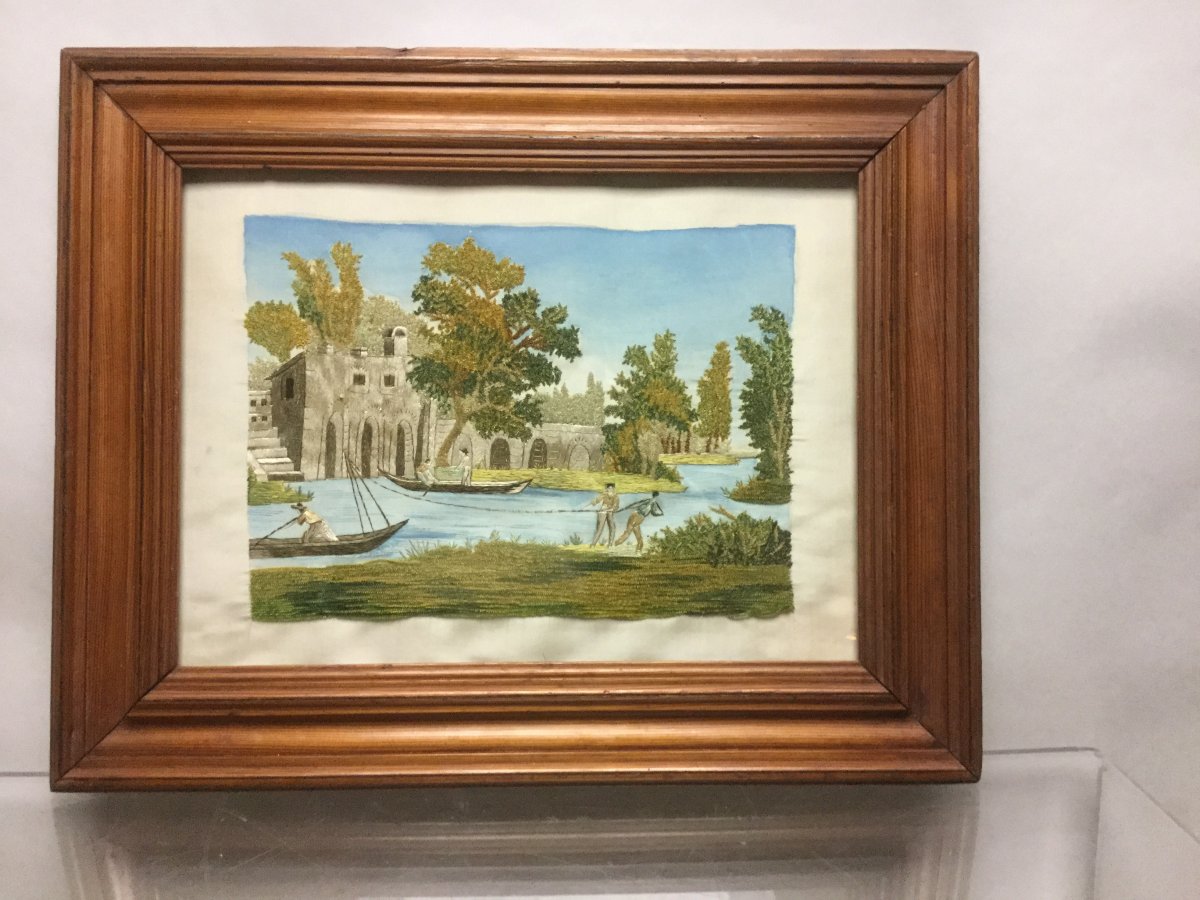 Broderie, Paysage Animé, 19ème.