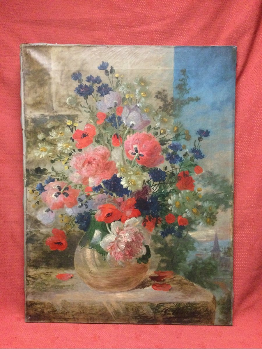 Oil On Canvas, Table Of Flowers, Late 19th.