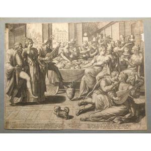 Scène de banquet d’après Marteen de Vos, gravée par Johannes Sandler, 16 ème siècle