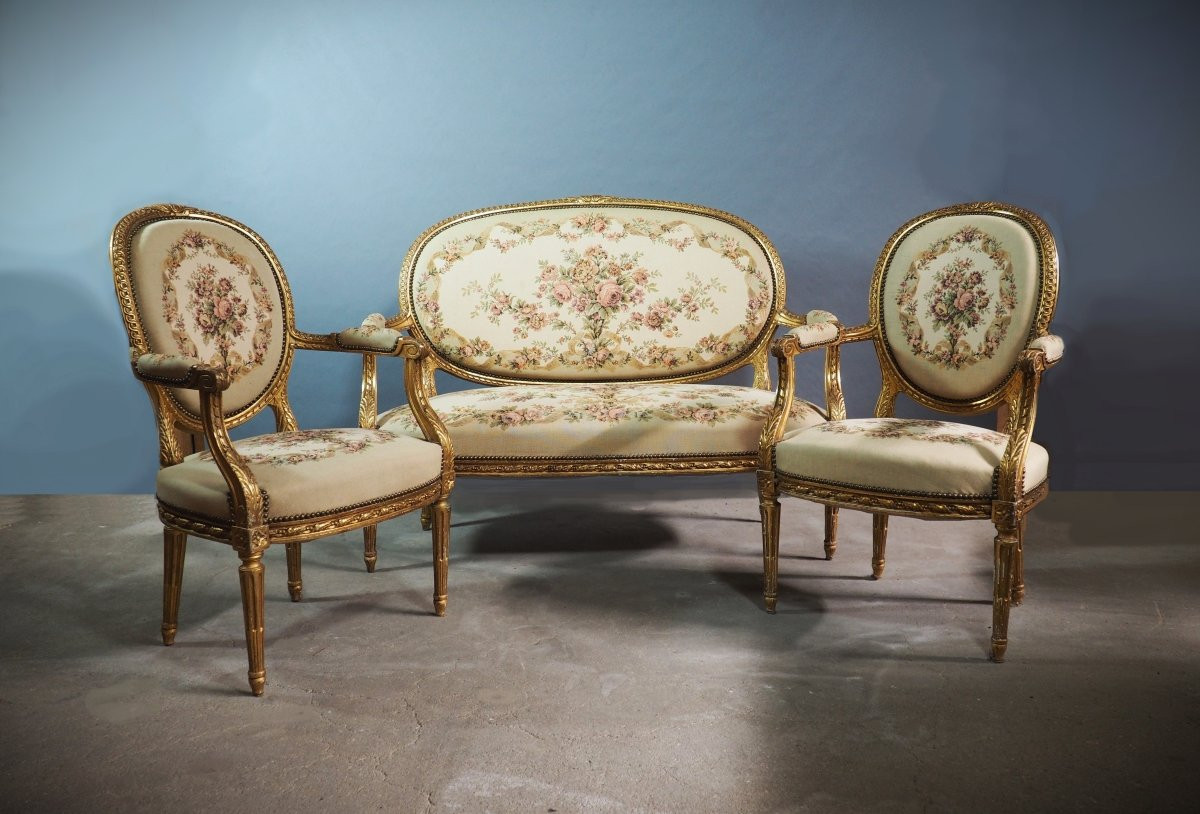 Louis XVI Style Living Room Set With Sofa And Armchairs-photo-3