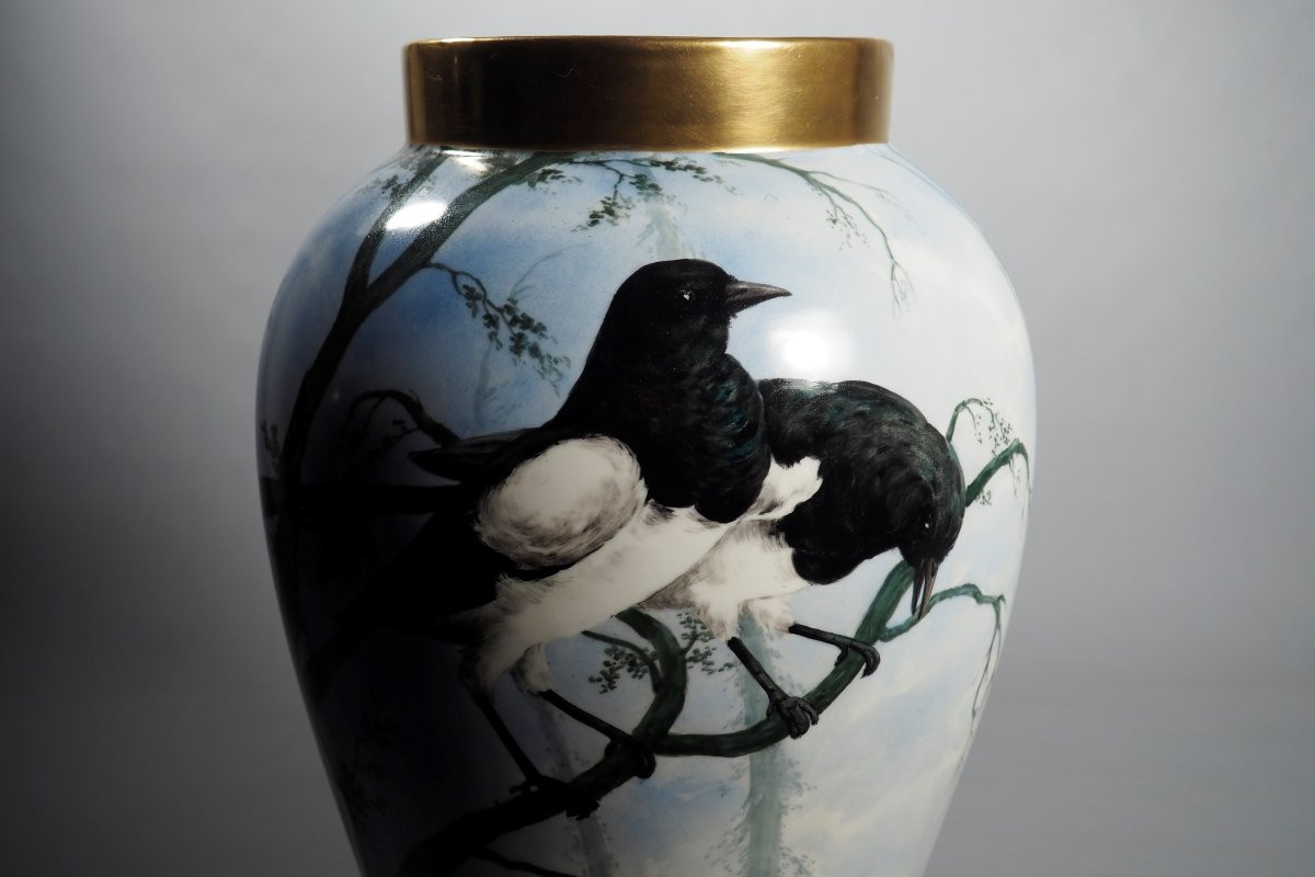 Paire de vases – Oiseaux – Porcelaine BALLEROY à Limoges - Signature G. Rosier- 40 cm-photo-1