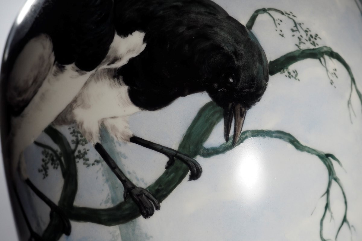 Paire de vases – Oiseaux – Porcelaine BALLEROY à Limoges - Signature G. Rosier- 40 cm-photo-4