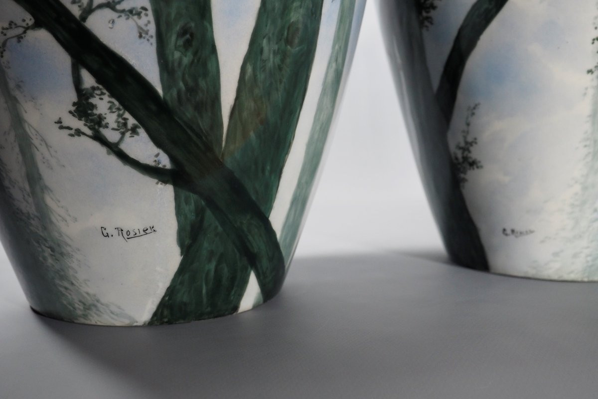 Paire de vases – Oiseaux – Porcelaine BALLEROY à Limoges - Signature G. Rosier- 40 cm-photo-5