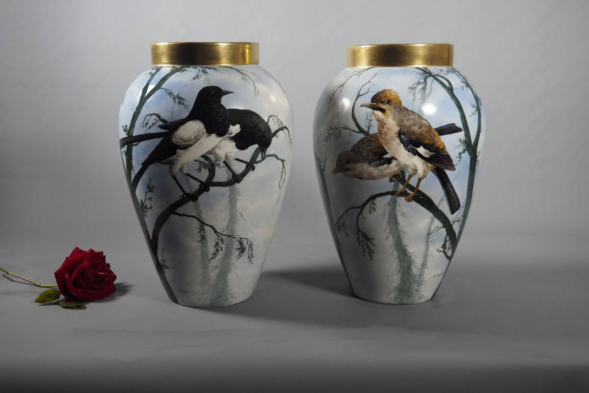 Paire de vases – Oiseaux – Porcelaine BALLEROY à Limoges - Signature G. Rosier- 40 cm-photo-8