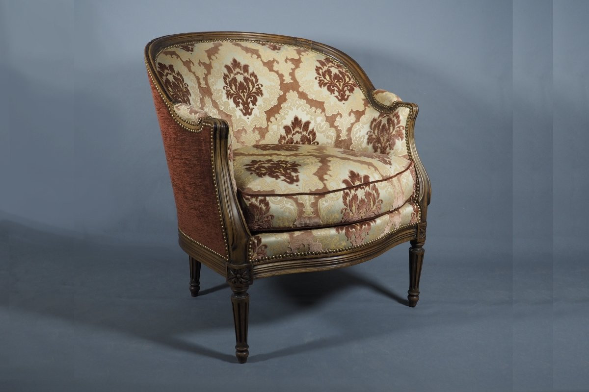 19th Century Gondola-shaped Bergère Armchair, Restored, In The Louis XV–louis XVI Style, Damask Velvet Fabric-photo-2