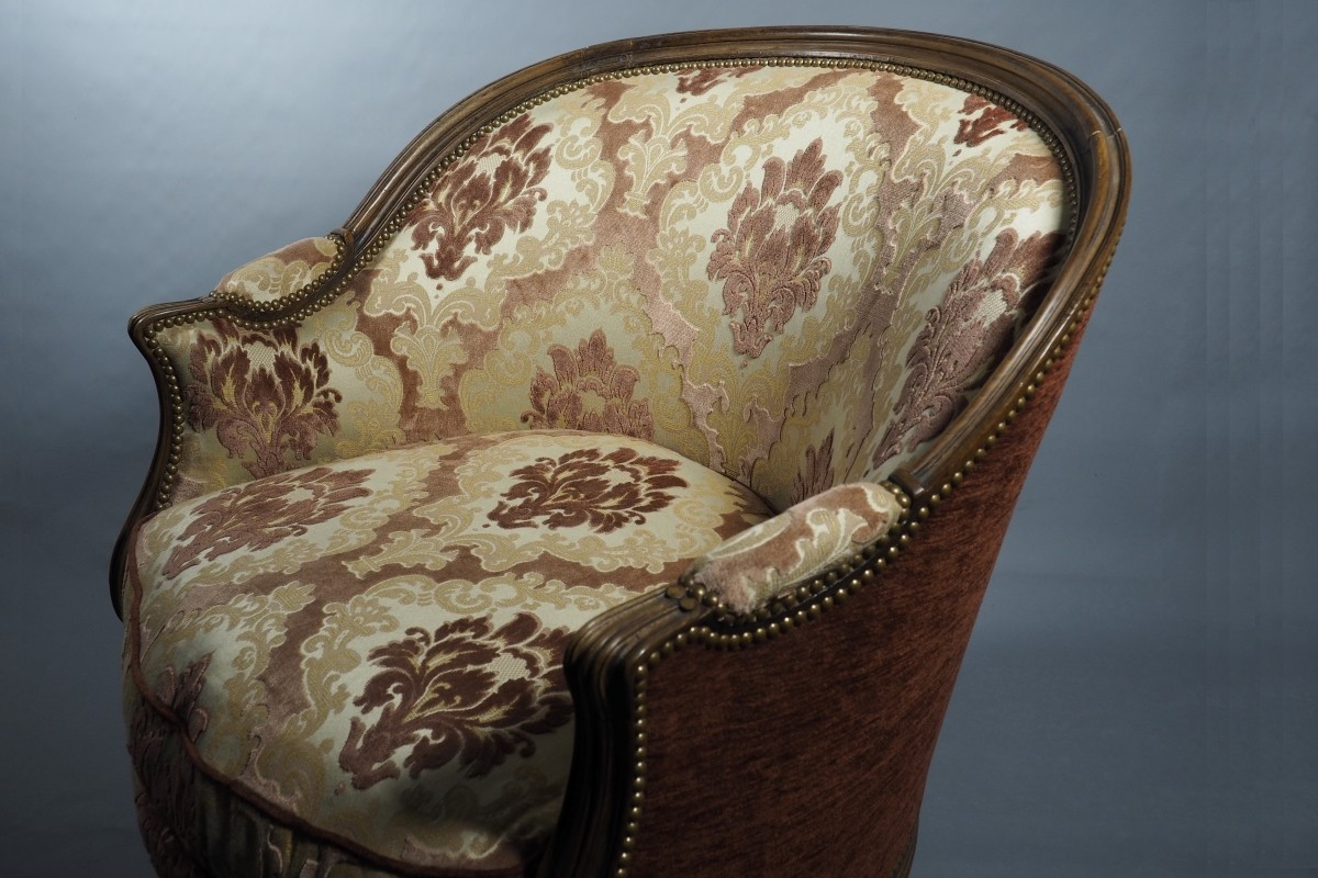 19th Century Gondola-shaped Bergère Armchair, Restored, In The Louis XV–louis XVI Style, Damask Velvet Fabric-photo-4