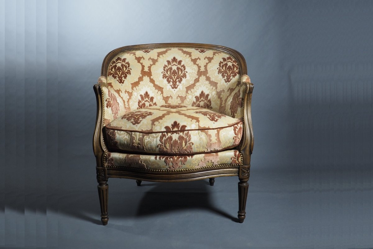19th Century Gondola-shaped Bergère Armchair, Restored, In The Louis XV–louis XVI Style, Damask Velvet Fabric-photo-1
