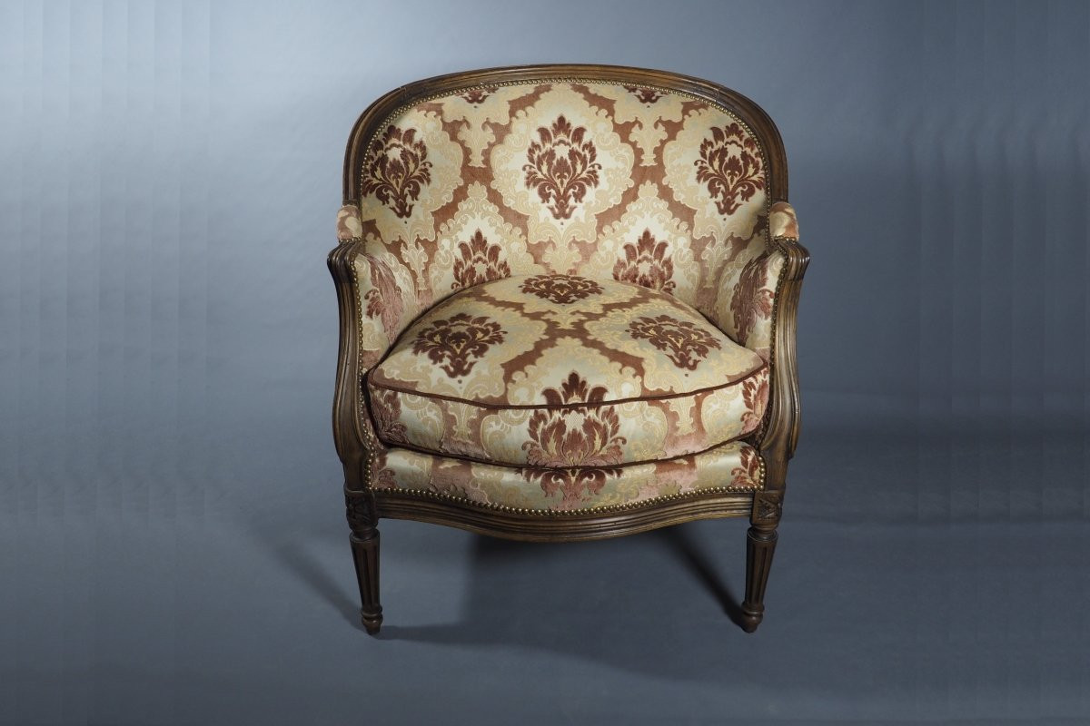 19th Century Gondola-shaped Bergère Armchair, Restored, In The Louis XV–louis XVI Style, Damask Velvet Fabric-photo-2