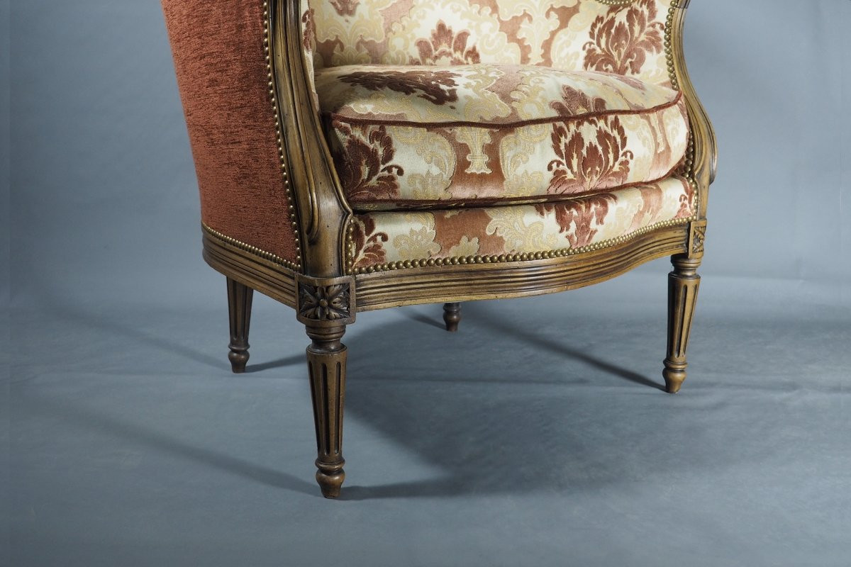 19th Century Gondola-shaped Bergère Armchair, Restored, In The Louis XV–louis XVI Style, Damask Velvet Fabric-photo-3