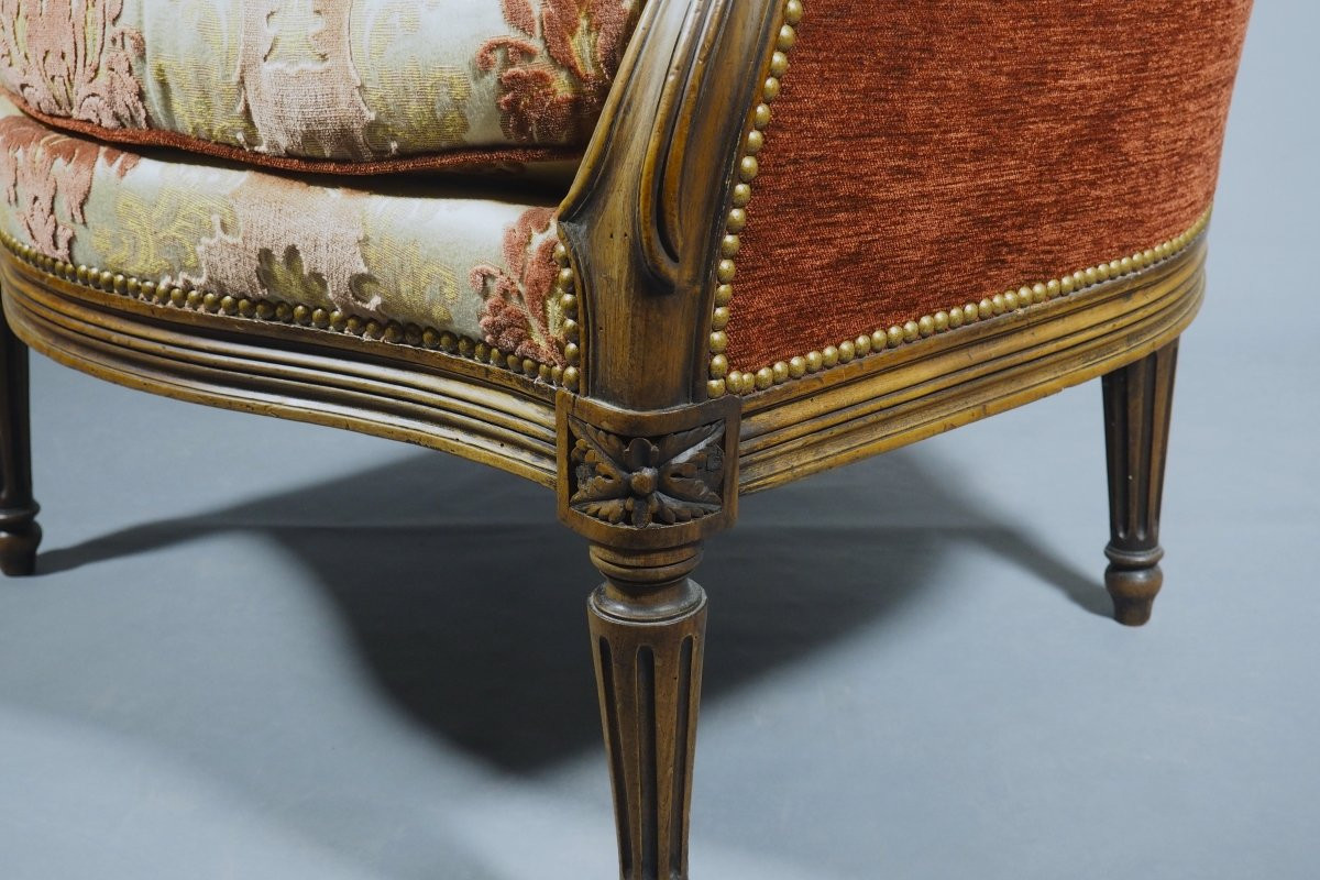 19th Century Gondola-shaped Bergère Armchair, Restored, In The Louis XV–louis XVI Style, Damask Velvet Fabric-photo-4
