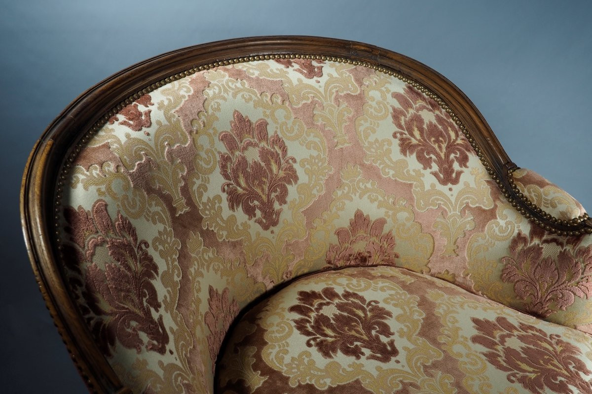 19th Century Gondola-shaped Bergère Armchair, Restored, In The Louis XV–louis XVI Style, Damask Velvet Fabric-photo-6