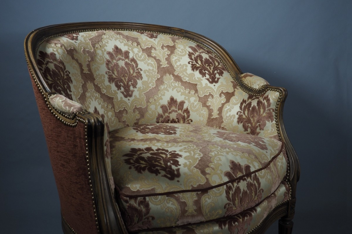 19th Century Gondola-shaped Bergère Armchair, Restored, In The Louis XV–louis XVI Style, Damask Velvet Fabric-photo-5