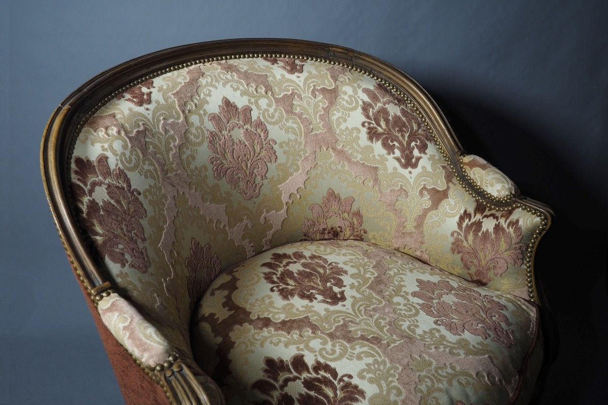 19th Century Gondola-shaped Bergère Armchair, Restored, In The Louis XV–louis XVI Style, Damask Velvet Fabric