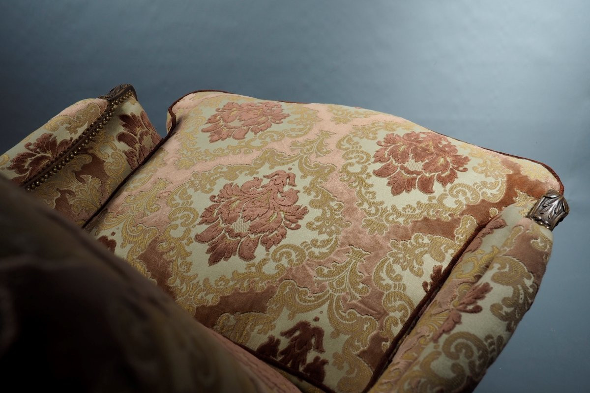 Fauteuil bergère, restaurée, France, XVIIIᵉ siècle, époque Louis XV, tissu velours damassé-photo-7