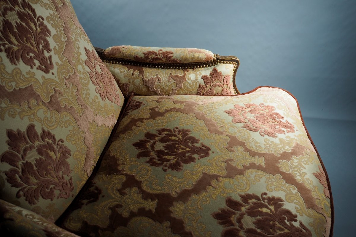 Fauteuil bergère, restaurée, France, XVIIIᵉ siècle, époque Louis XV, tissu velours damassé-photo-8