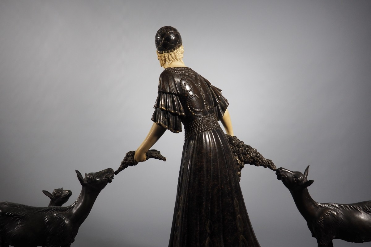 Dimitri Chiparus Chryselephantine Sculpture Art Deco Woman With Goats Circa 1920-photo-3