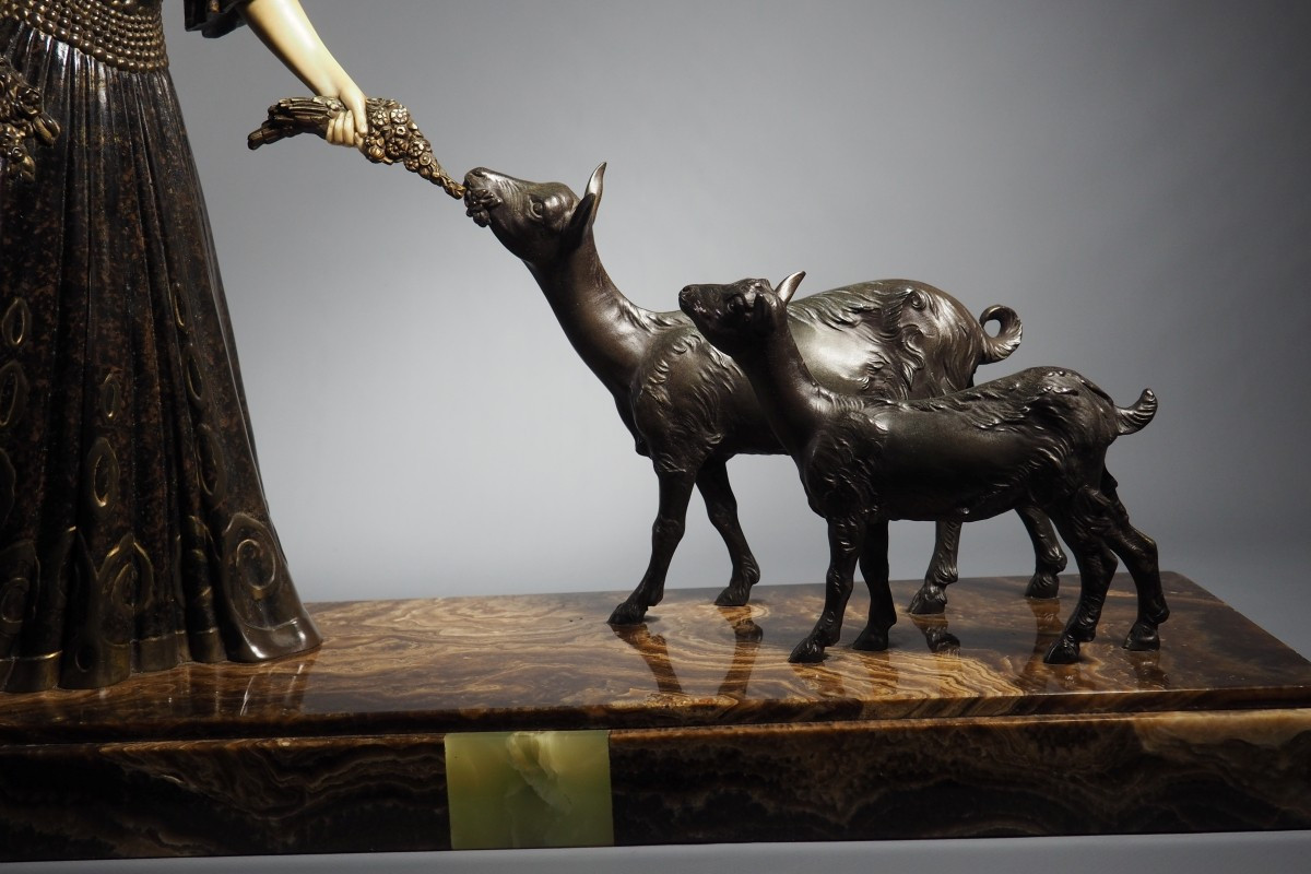 Dimitri Chiparus Chryselephantine Sculpture Art Deco Woman With Goats Circa 1920-photo-4