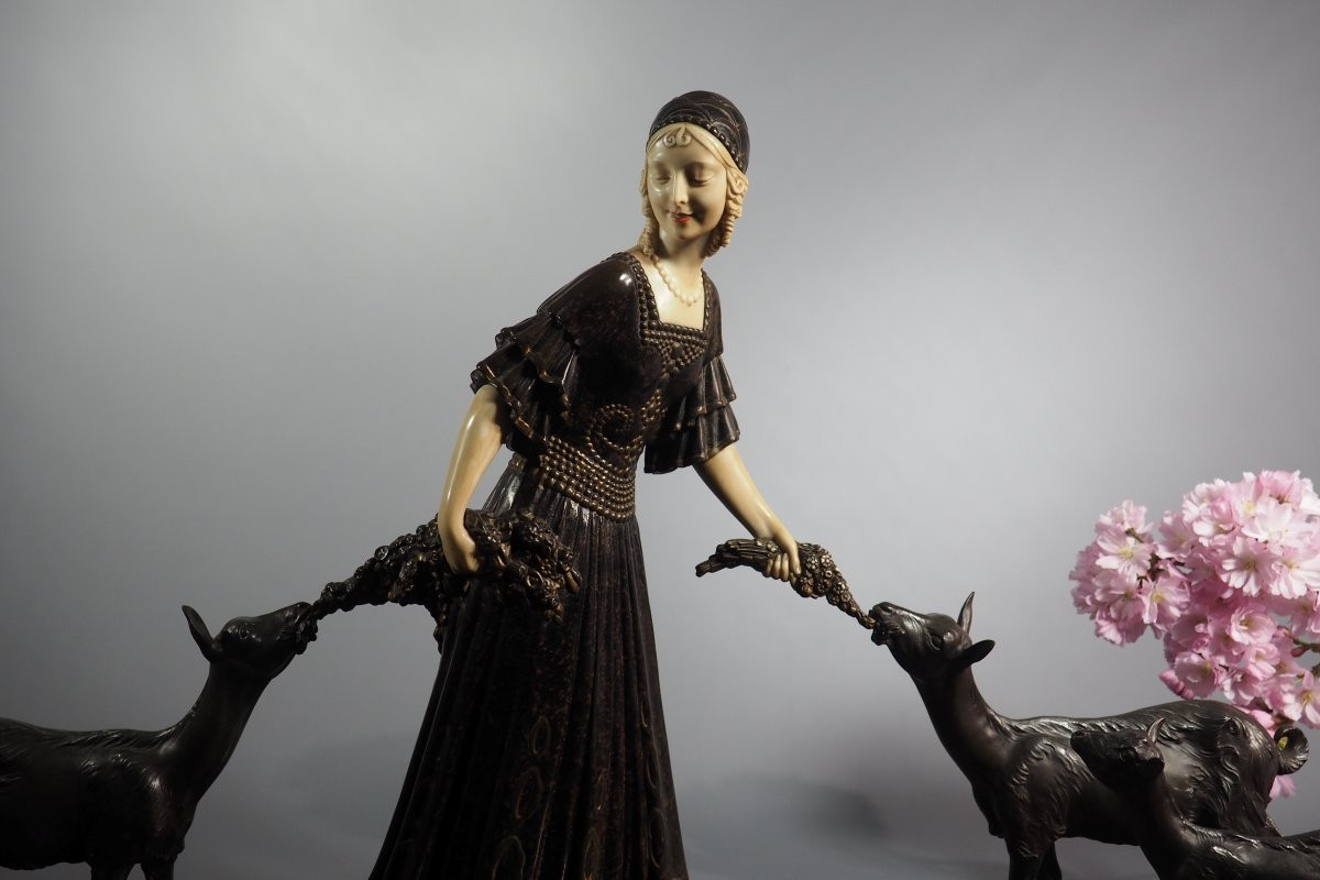 Dimitri Chiparus Chryselephantine Sculpture Art Deco Woman With Goats Circa 1920-photo-6