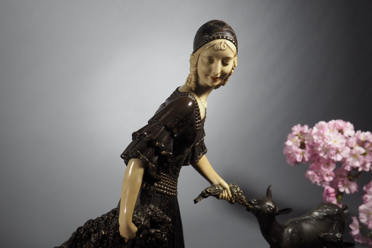 Dimitri Chiparus Chryselephantine Sculpture Art Deco Woman With Goats Circa 1920-photo-8