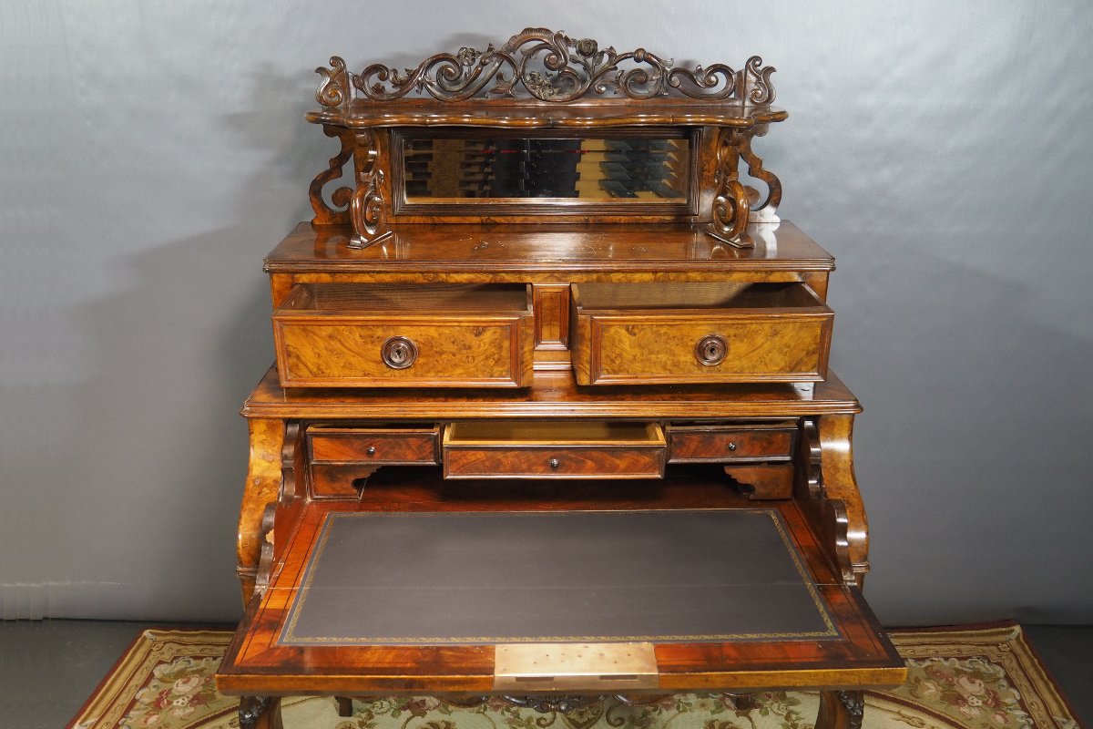 Bureau d’époque Napoléon III, XIX,  avec placage en ronce de noyer et tiroirs secrets-photo-4