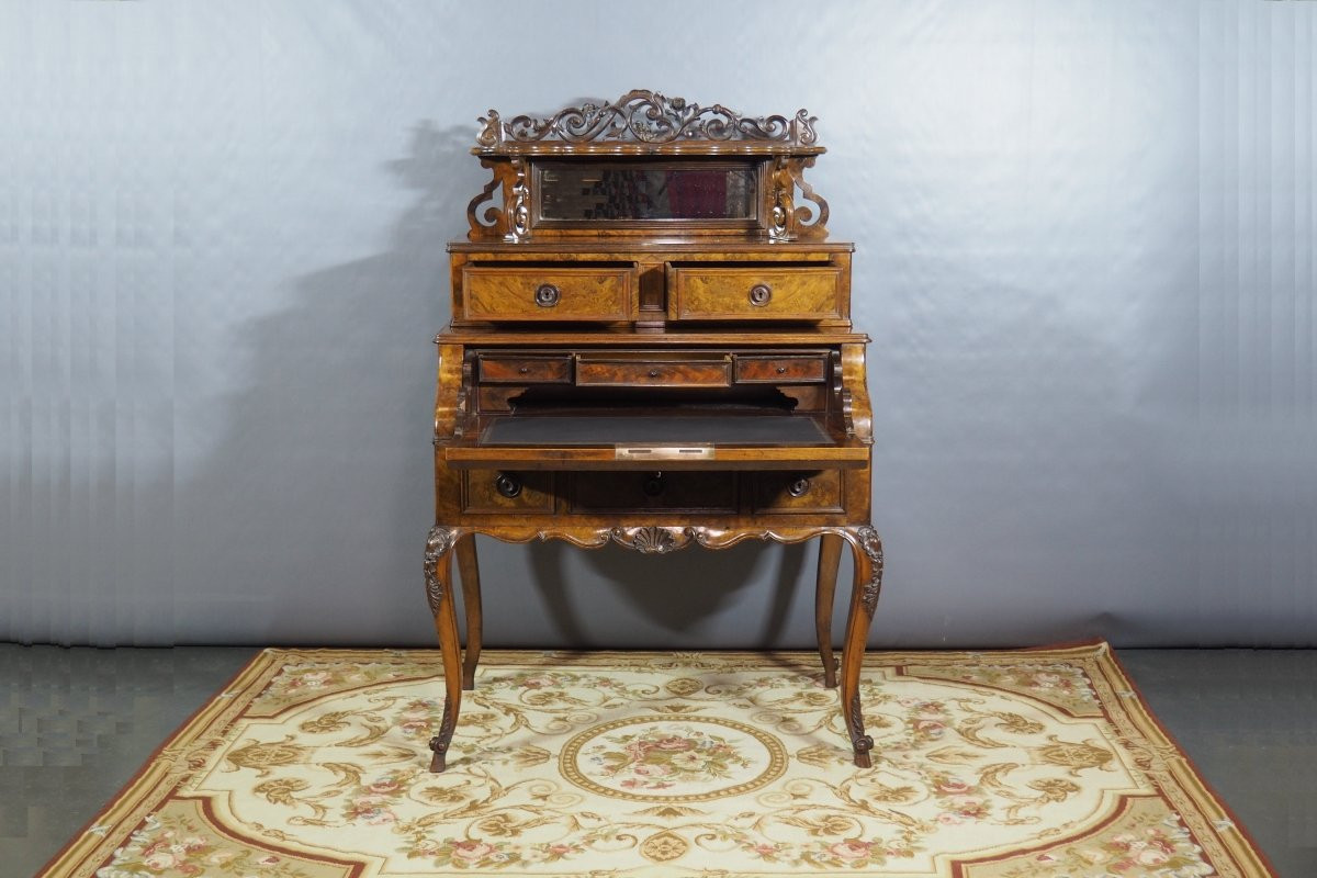Bureau d’époque Napoléon III, XIX,  avec placage en ronce de noyer et tiroirs secrets-photo-1