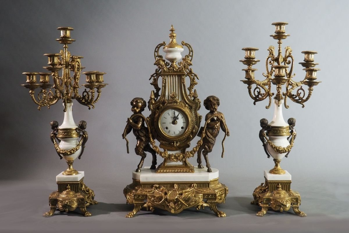 Large Fireplace Set—clock And Candelabra, Italy-photo-2