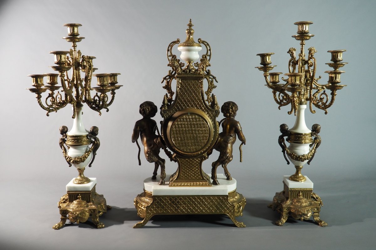 Large Fireplace Set—clock And Candelabra, Italy-photo-3