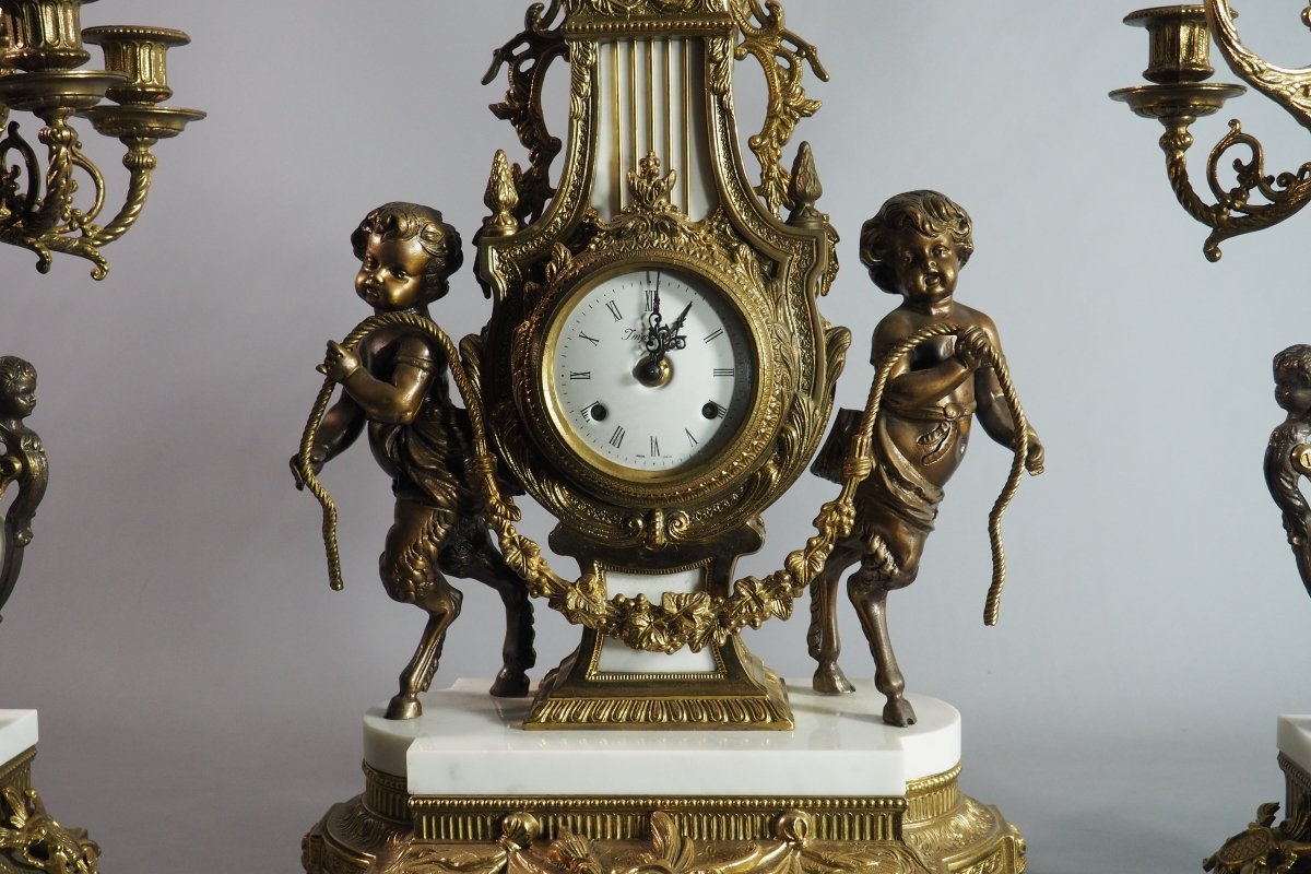 Large Fireplace Set—clock And Candelabra, Italy-photo-4