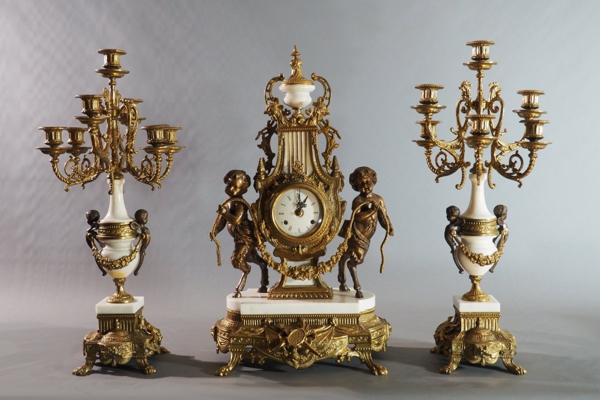 Large Fireplace Set—clock And Candelabra, Italy
