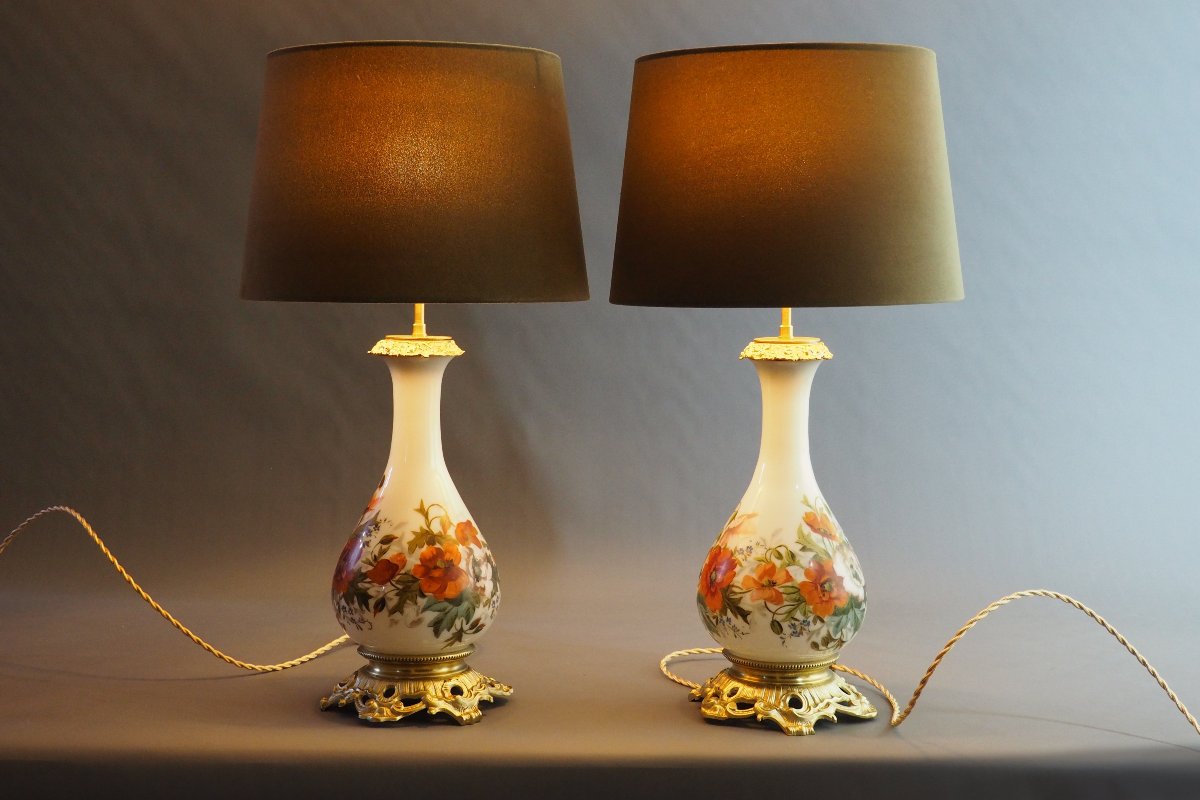 Paire de lampes en opaline peinte – XIXe siècle-photo-2