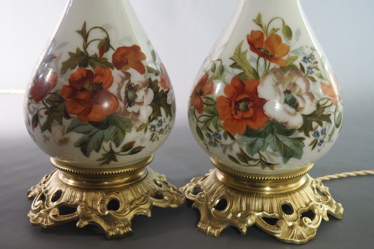 Paire de lampes en opaline peinte – XIXe siècle-photo-4