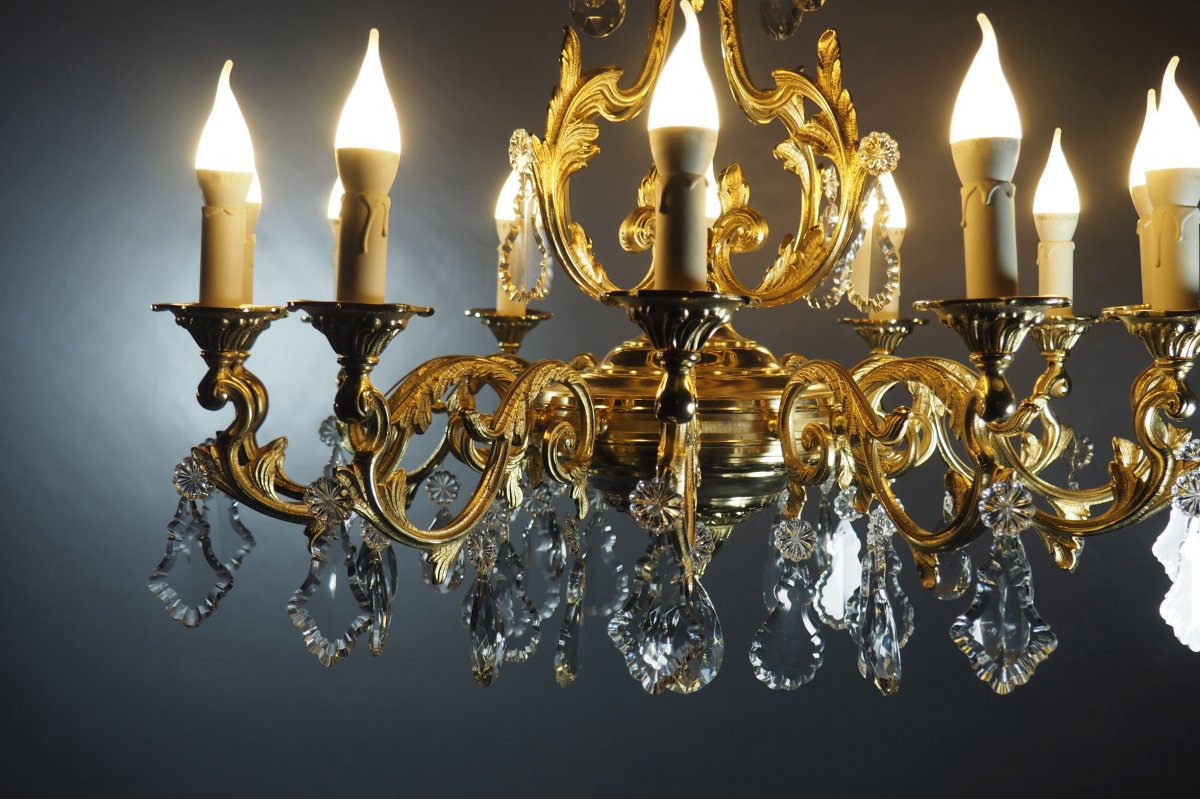 Lustre 12 lumières en bronze doré et cristal-photo-5