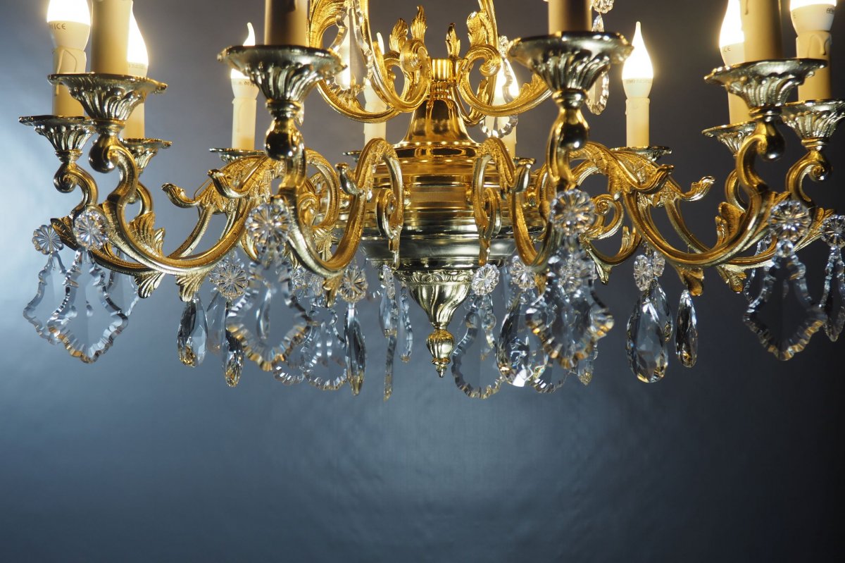 Lustre 12 lumières en bronze doré et cristal-photo-6