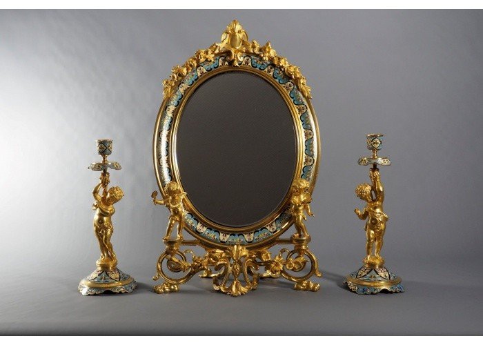 Miroir et bougeoirs cloisonnés - style  Ferdinand Barbedienne - France, fin du XIXe-photo-2