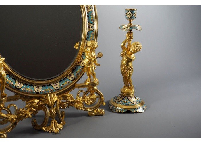 Miroir et bougeoirs cloisonnés - style  Ferdinand Barbedienne - France, fin du XIXe-photo-3