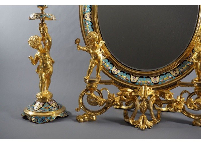 Miroir et bougeoirs cloisonnés - style  Ferdinand Barbedienne - France, fin du XIXe-photo-4
