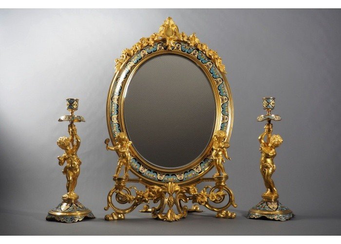 Miroir et bougeoirs cloisonnés - style  Ferdinand Barbedienne - France, fin du XIXe
