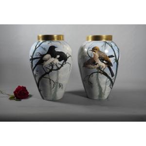 Pair Of Vases – Birds – Balleroy Porcelain From Limoges – Signed G. Rosier – 40 Cm