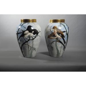 Pair Of Vases – Birds – Balleroy Porcelain From Limoges – Signed G. Rosier – 40 Cm