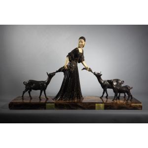 Dimitri Chiparus Chryselephantine Sculpture Art Deco Woman With Goats Circa 1920