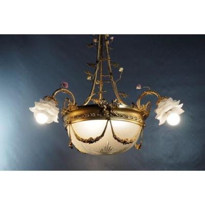 Lustre 5 Lumières - Bronze doré et cristal - France, fin du XIXe 