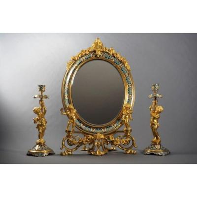 Mirror And Candle Holders In Gilt Bronze And Polychrome Enamels In The Style Of F. Barbedienne.