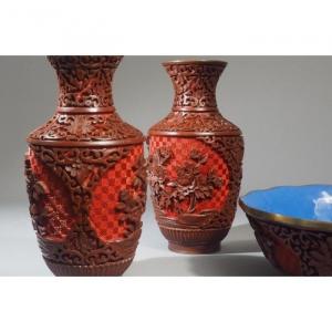 Pair Of Vases And 1 Cup Red Lacquer On Brass. China