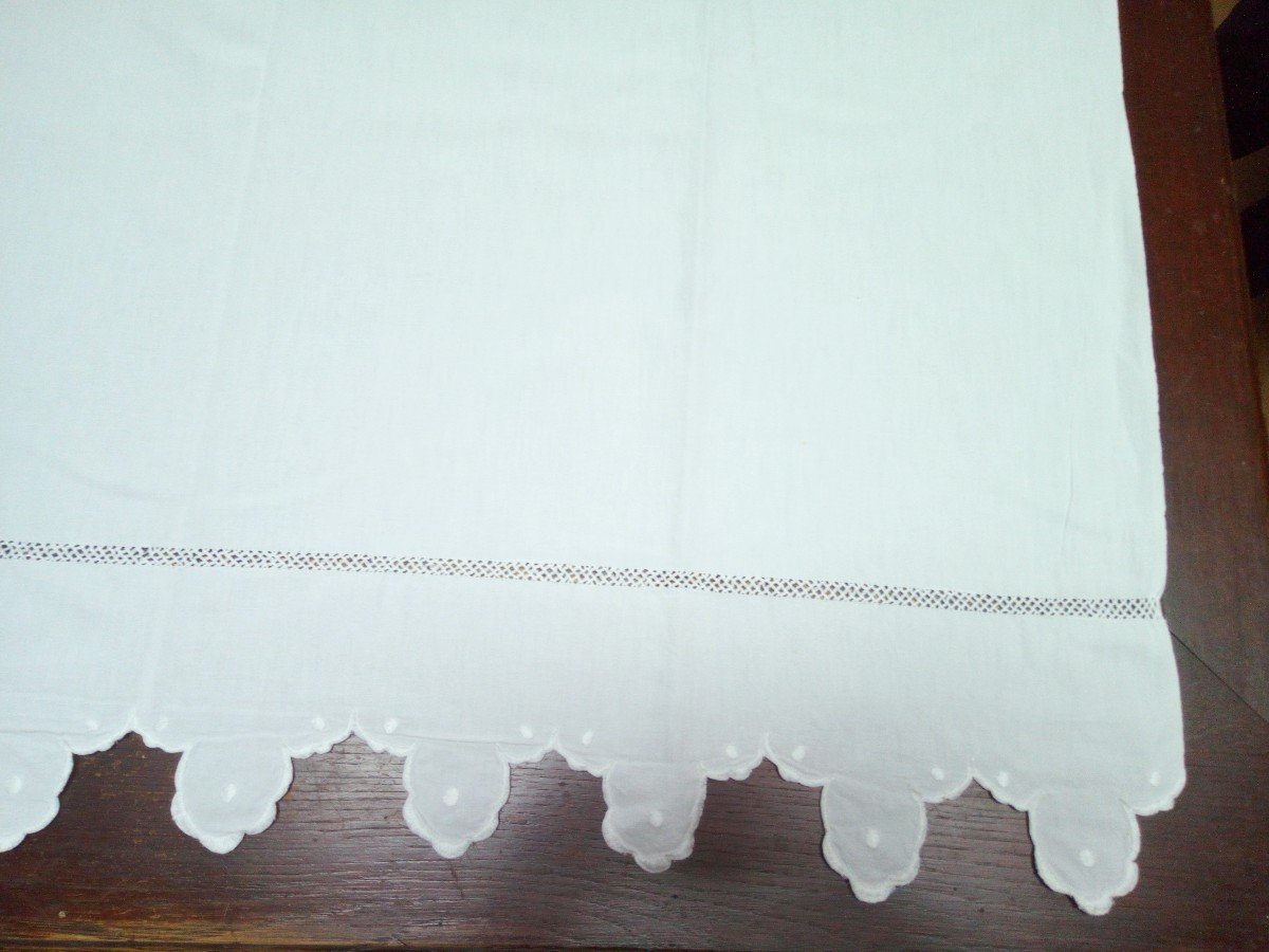 Drap Blanc Fil De Lin Broderie Chantournee Et Jours Fait Main 320/210 Cm Ancien-photo-2