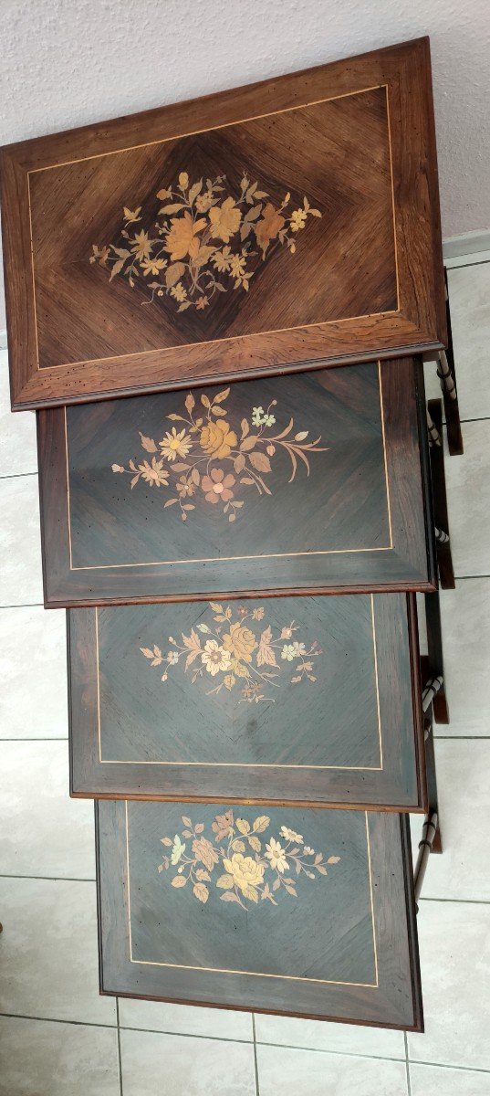 Series 4 Nesting Table Rosewood Marquetry Floral Decor XIXth Napoleon III-photo-3