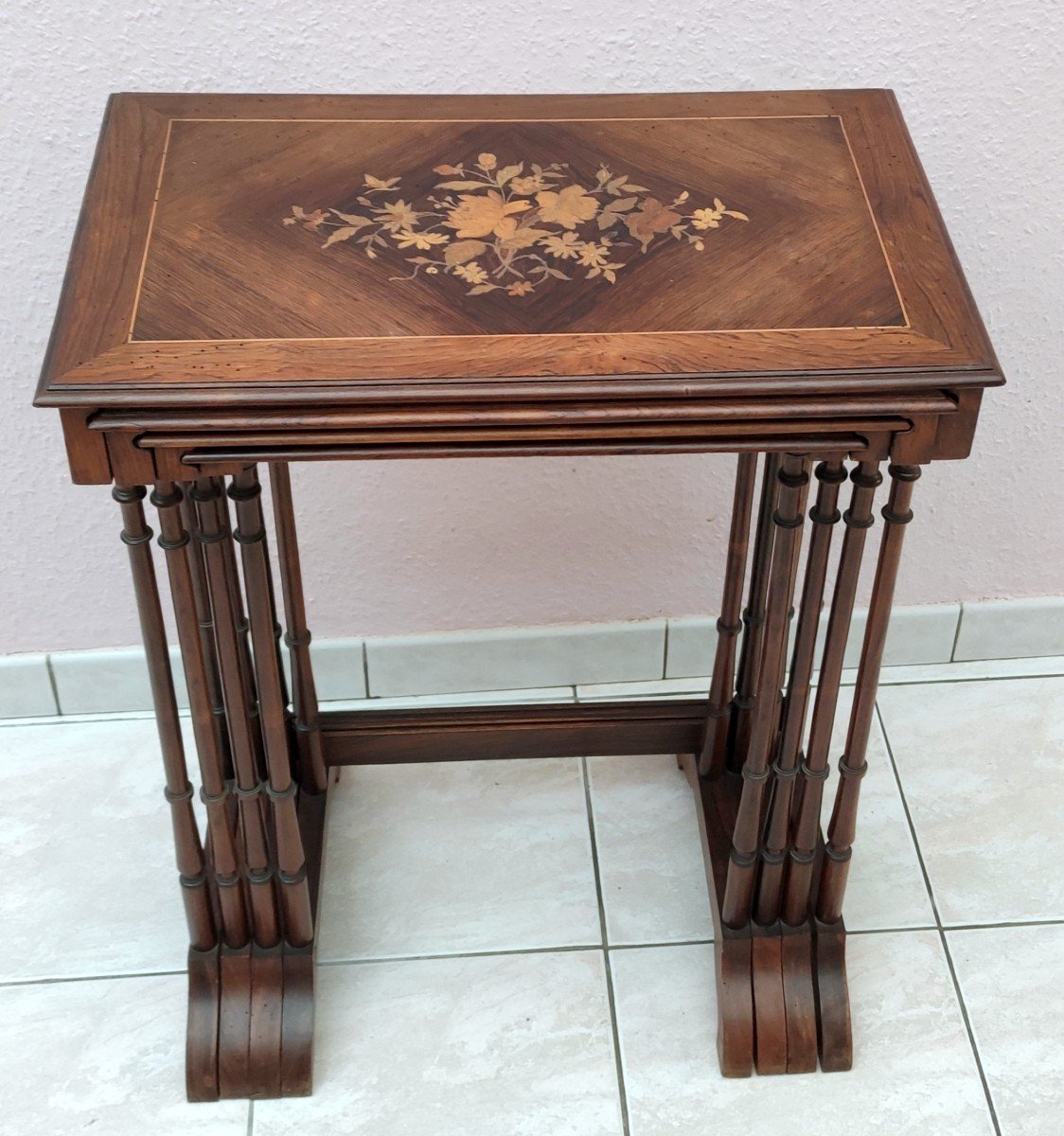 Series 4 Nesting Table Rosewood Marquetry Floral Decor XIXth Napoleon III-photo-4