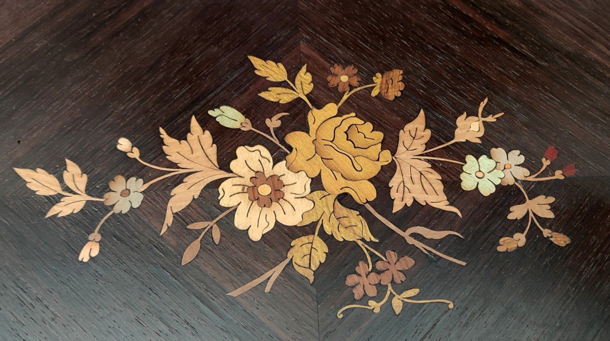 Serie 4 Table Gigogne Marqueterie Palissandre Decor Floral XIXè Napoleon III-photo-3