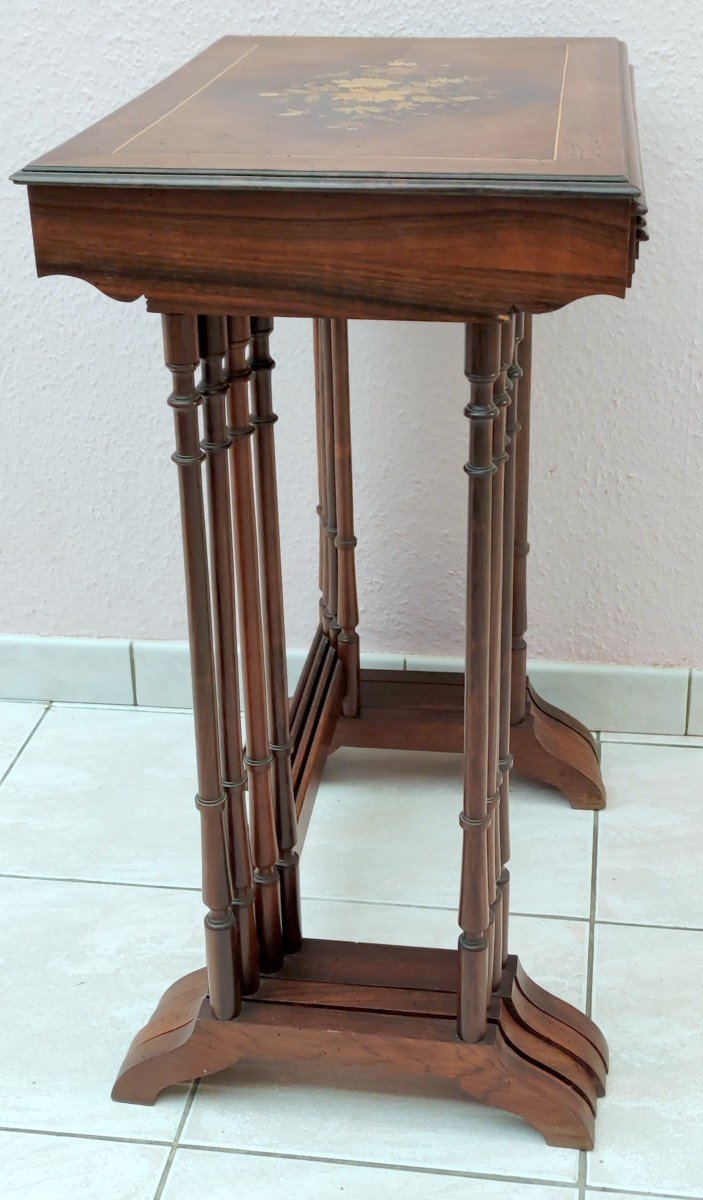 Serie 4 Table Gigogne Marqueterie Palissandre Decor Floral XIXè Napoleon III-photo-7