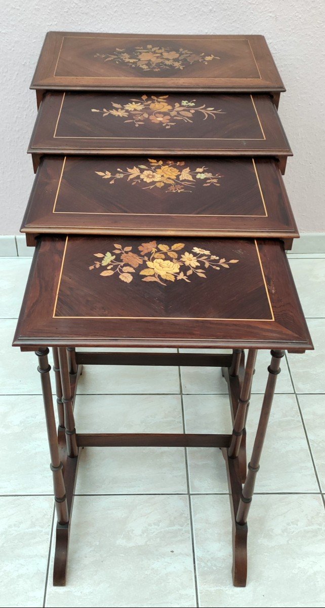 Series 4 Nesting Table Rosewood Marquetry Floral Decor XIXth Napoleon III