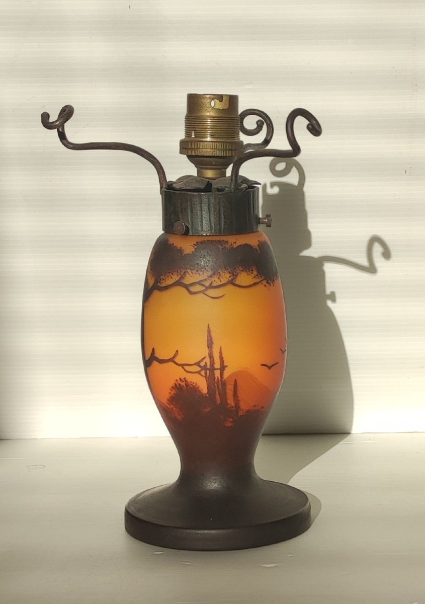Pied De Lampe Champignon Pate De Verre Au Decor Peint Epoque 1900